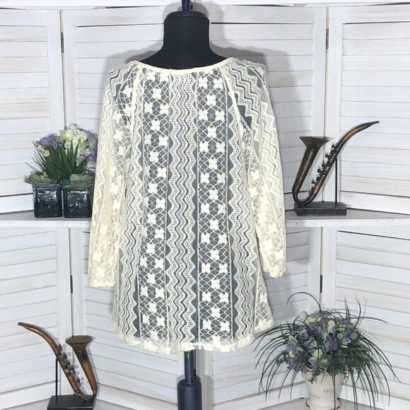 Vintage Cream Lace Floral Blouse Boho Cottage Large - Picture 2 of 9